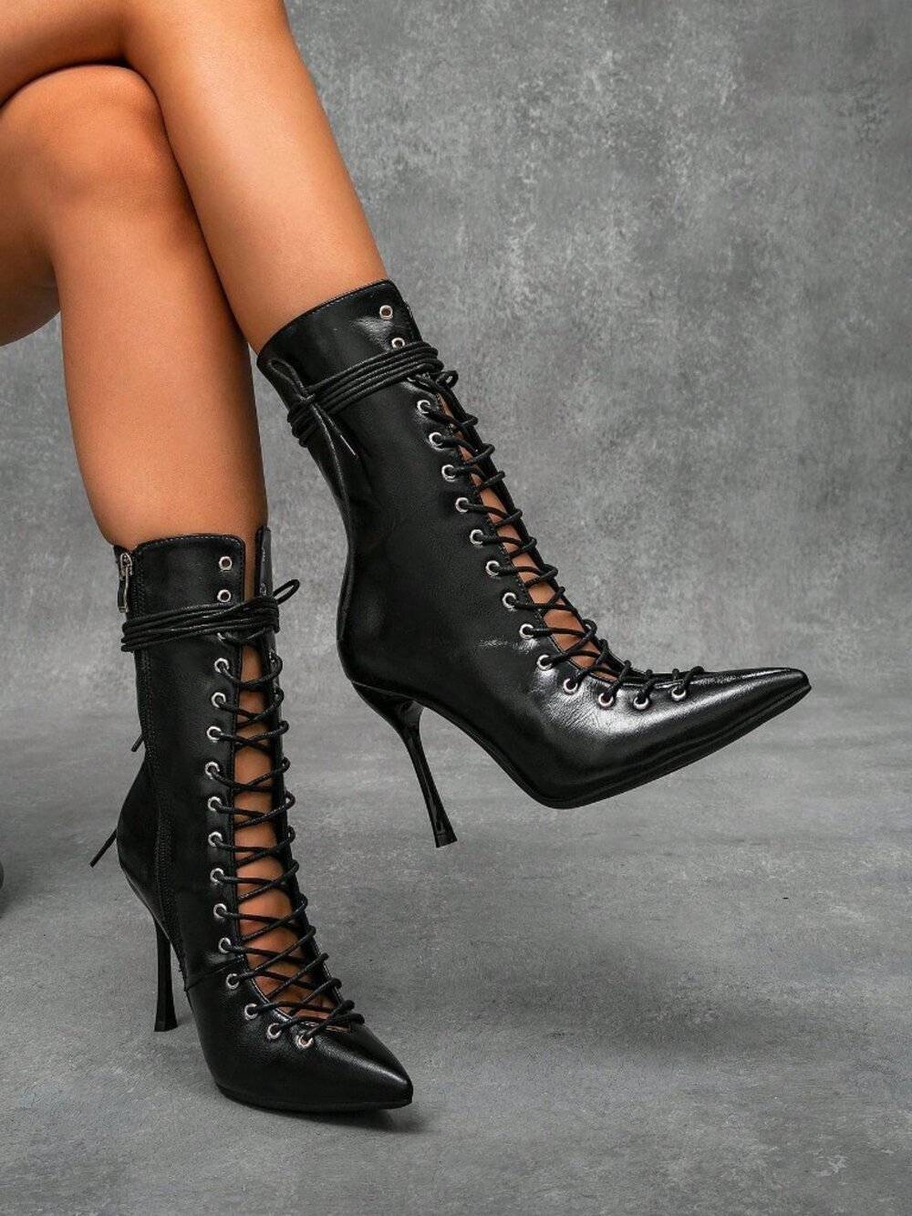 Black Sexy Women's Lace-Up High Heel Mid-Calf Boots
